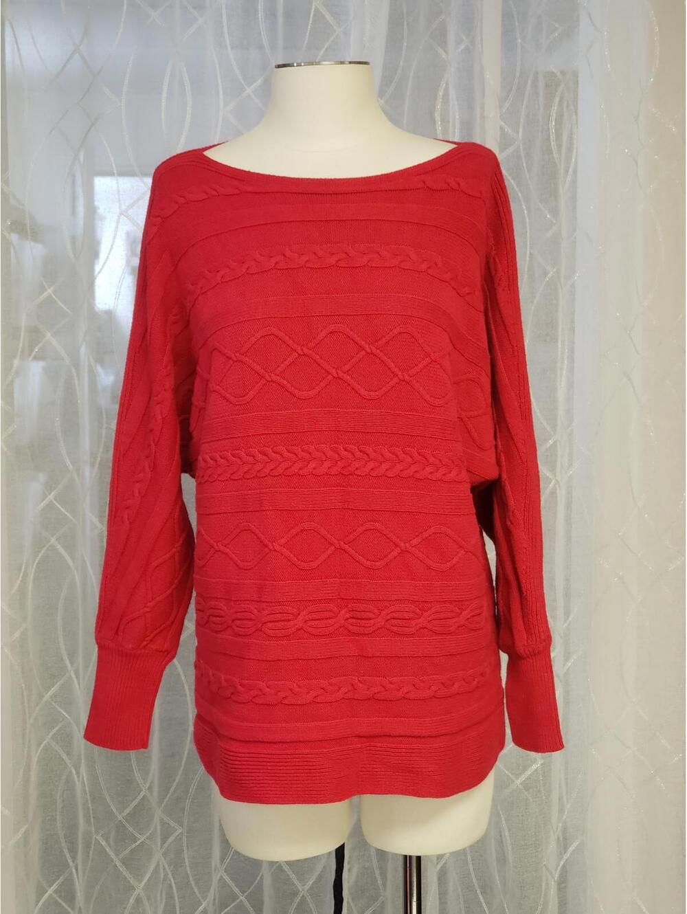 Liz Claiborne Red Boat Neck 3/4 Dolman Sleeves Women's Cable Knit Sweater, Sz XL